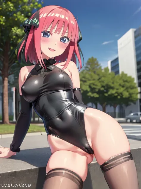 best quality, insanely detailed, nino nakano, breasts, blush, outdoor background, bare-shoulder, looking at viewer, garter strap, a black ribbon, pantyhose, highleg leotard, pussy, smile