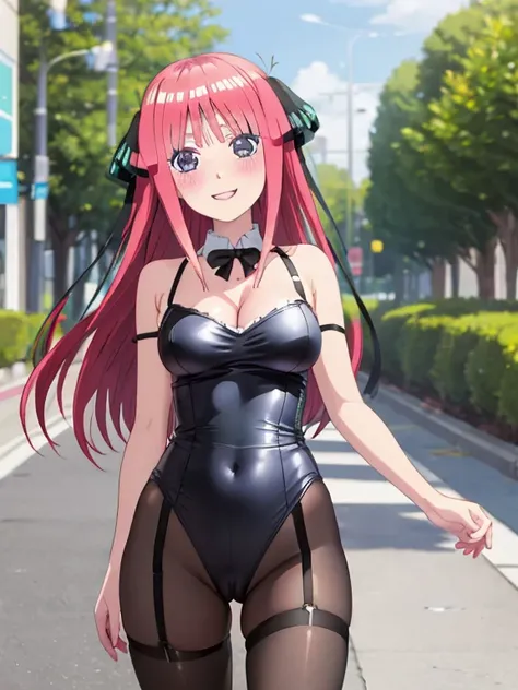 best quality, insanely detailed, nino nakano, breasts, blush, outdoor background, bare-shoulder, looking at viewer, garter strap, a black ribbon, pantyhose, highleg leotard, pussy, smile