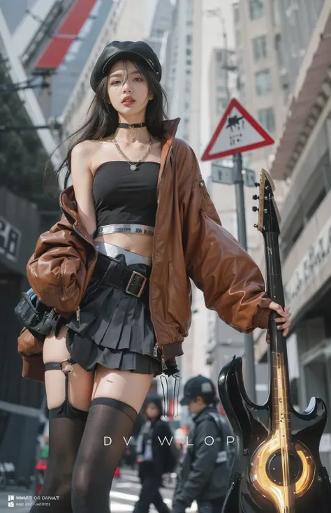 A young woman looks confident in a bustling urban environment and gives off an avant-garde air. She wears her black hair long and loose and wears a tight black top combined with a pleated mini skirt, she is also wearing black tights and leather beret, a la...