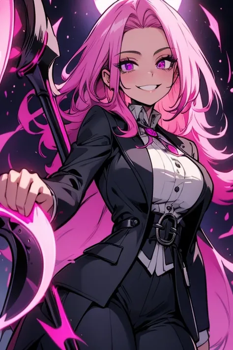 Perfect face. Perfect hands. A pink haired woman with violet eyes and an hourglass figure in a Gothic suit is with her scythe in an office with a big smile
