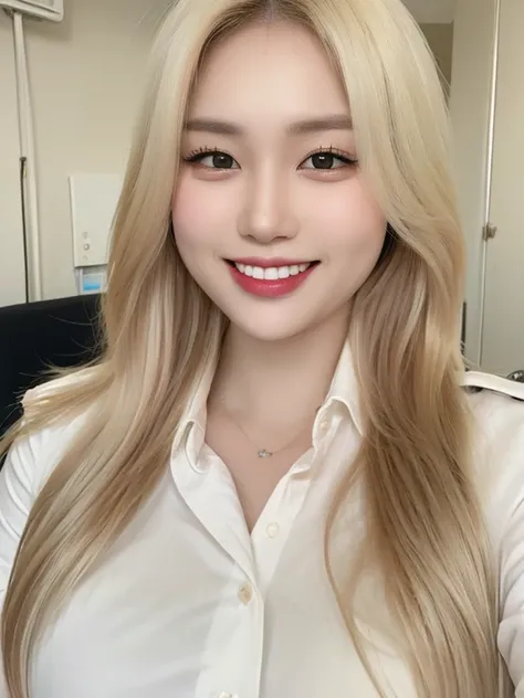 (Best quality, 8k, 32k, Masterpiece, UHD:1.2),Photo of Pretty Japanese woman, 1girl, (long blonde hair), (large breasts), smile, double eyelid, White police uniform, white shirt, open shirt, hospital, patients room, upper body, sexy