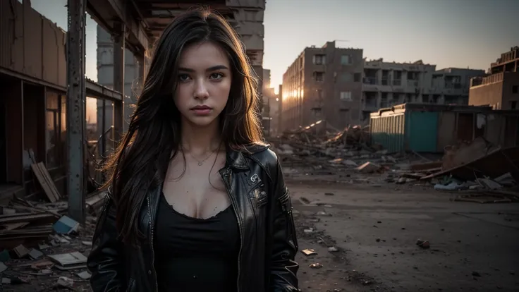 ((masterpiece, best quality, Highest image quality, high resolution, Reality, RAW photos, 8K)), Future city ruins，The post-nuclear world，desert，Beautiful girl，Broken clothes，Pretty face，dirty，Closed mouth，dramatic，Mid-range portrait，dusk