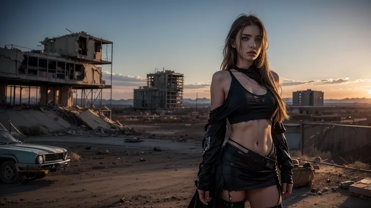 ((masterpiece, best quality, Highest image quality, high resolution, Reality, RAW photos, 8K)), Future city ruins，The post-nuclear world，desert，Beautiful girl，Broken clothes，Pretty face，dirty，Closed mouth，dramatic，Mid-range portrait，dusk