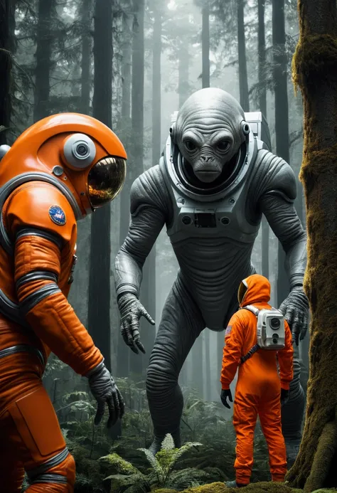 best quality, imposing, epic scene, astronaut in orange suit looking face to face with a giant alien with completely gray body color in a dense forest