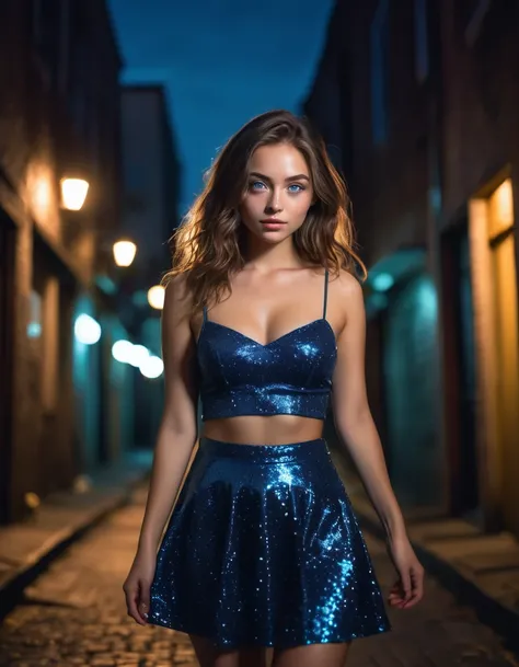 (selfie, top view: 1.4),full body shot, RAW UHD portrait photo of a 24-year-old long brown-haired (blue-eyed woman) walking down a dark alley, breasts,, the city at night, (skirt), (neckline), details (textures! , hair! , glitter, color!! , disadvantages: ...