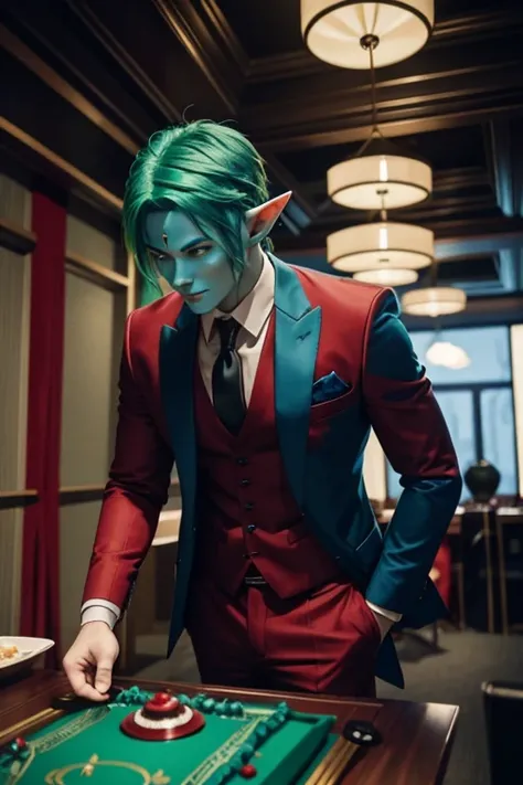 elf with blue skin and green hair, wearing a red suit and tie, black dress shoes. A party room