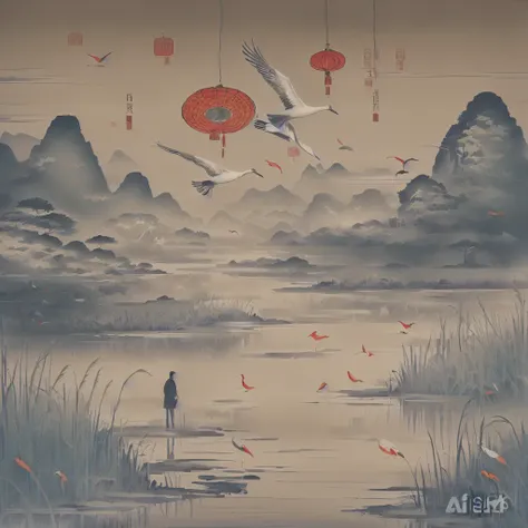 high quality，chinese style，poster design，in the painting, a man stands in the swamp and observes the environment，character enlar...