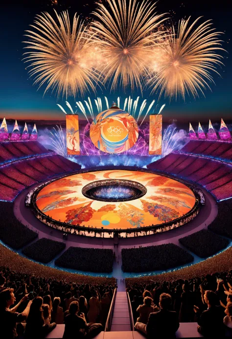 Epic Olympic opening ceremony, cinematic, 8k, art by Alphonse Mucha, detailed crowd in national costumes, grand stage with diverse performers, dazzling fireworks, vibrant digital displays, Olympic rings, night sky, golden hour lighting, energetic atmospher...