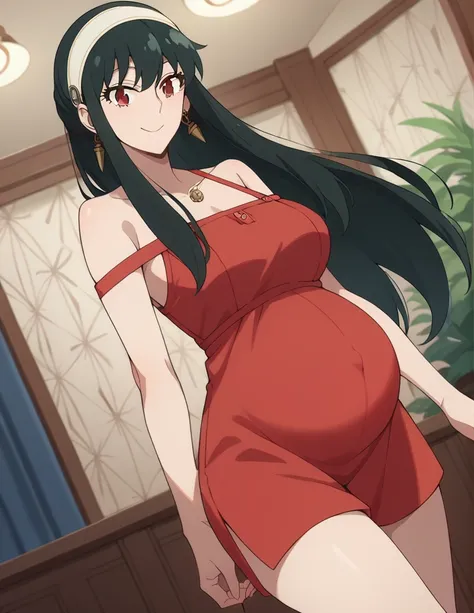 score_9, score_8_up, score_7_up, source_anime,
yorbriar, yor briar, black hair, red eyes, earrings, white hairband, hairband, long hair, sidelocks,
bare shoulders, dress, shorts, thighs,
indoors, smile, belly
looking at viewer, dutch angle, cowboy shot, pr...