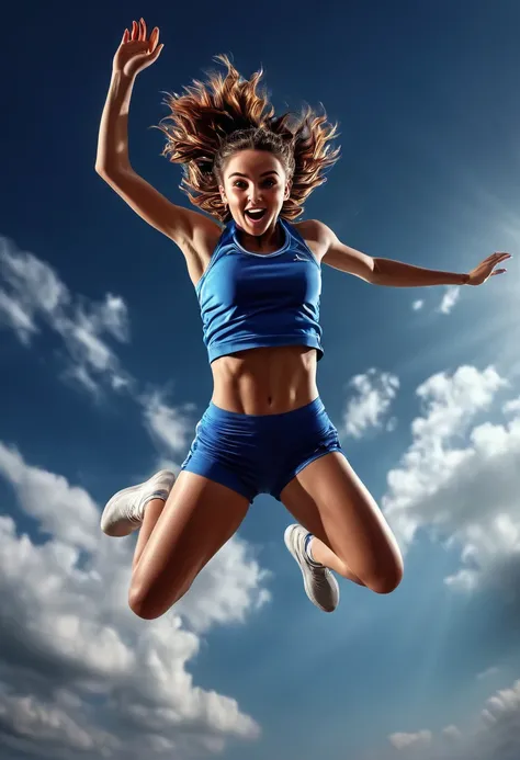 a portrait of photorealistic a girl jumping over the camera(jumping stance:0.6) in stunning moment with a heavenly transition movement backgound, sport movement, high speed event, view from below, jump over camera,  UHD, intricate detailed, 8k, best qualit...