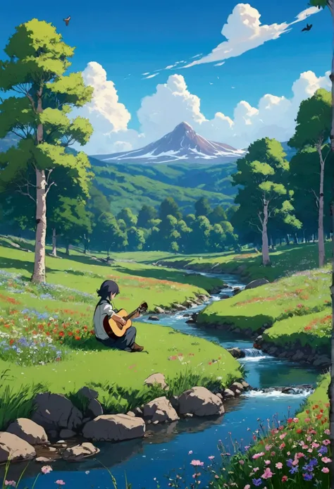 Anime Lofi 2d picturesque meadow with wildflowers in full bloom, a gentle stream running through it, and a person sitting on a rock playing an acoustic guitar. Birds are flying overhead, and the sky is clear and blue