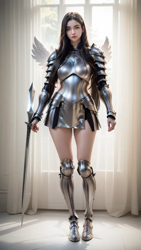 there is a woman in a silver costume standing on a bed, female knight armor, skintight silver armor, with sleek silver armor, dr...