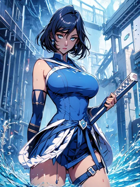 Sailor mercury,Sexy goth woman big breast, character sheet,inside a pool,High Resolution, Large breasts, cyber samurai sailor suit
,ice swords
￼,blue lipsSolo, Looking at viewer, open chest,
