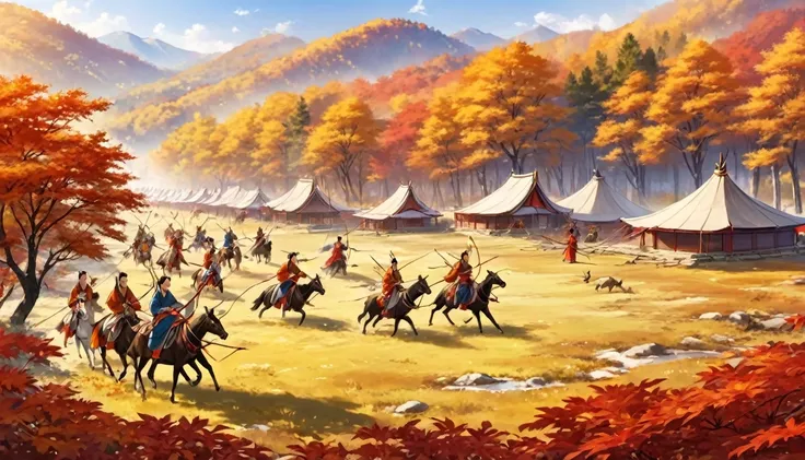 ancient china, ancient tents on a meadow on the right of the border of a forest in autumn with red and yellow leaves, men and women wearing hanfu riding horses, using bow and arrow hunting deers and rabbits