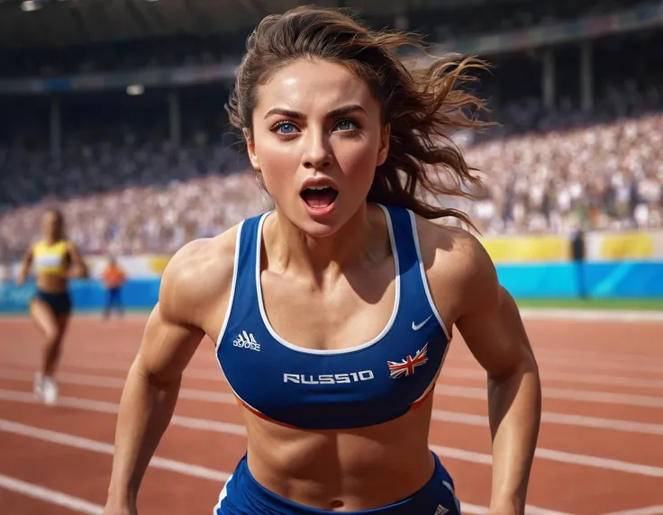 a girl in a olympic games, female athlete, running, 1 girl, beautiful detailed eyes, beautiful detailed lips, extremely detailed...