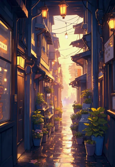 City flower shop, potted plants, flower, rainny night,water reflection puddle,oriental design, hanging lights , digital painting, sunset,wind up,concept art, illustration, intricate, many people, hanging lights, happy, beautiful colorful light, flower, pla...