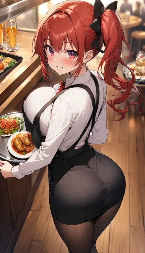 Boob Tray、One Woman、beautiful girl、waitress、20-year-old、Side Ponytail、restaurant、waitressの制服、Short skirt、Black Pantyhose、Holding the tray、Highest quality, smile,, Big Ass、Big Breasts、Very big 、Place your breasts on the tray、 sink into the tray、Empty tray、P...