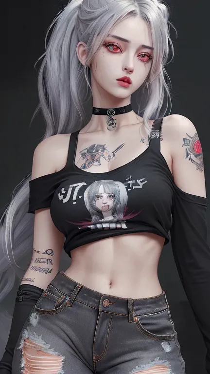 1girl,gray hair, long beautiful hair, red eyes, (ultra detailed eyes), ripped jeans, medium large bust, off shoulder, bra strap, punk t shirt, choker , tattoo, rock concert, inside, masterpiece, best quality, very aesthetic, absurdres, newest, ai-generated...