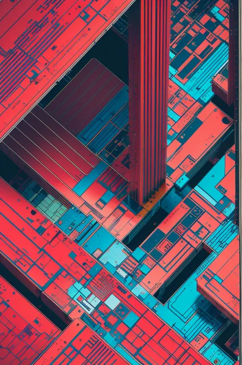 abstract circuit board divided red structure in the style of bb3l15