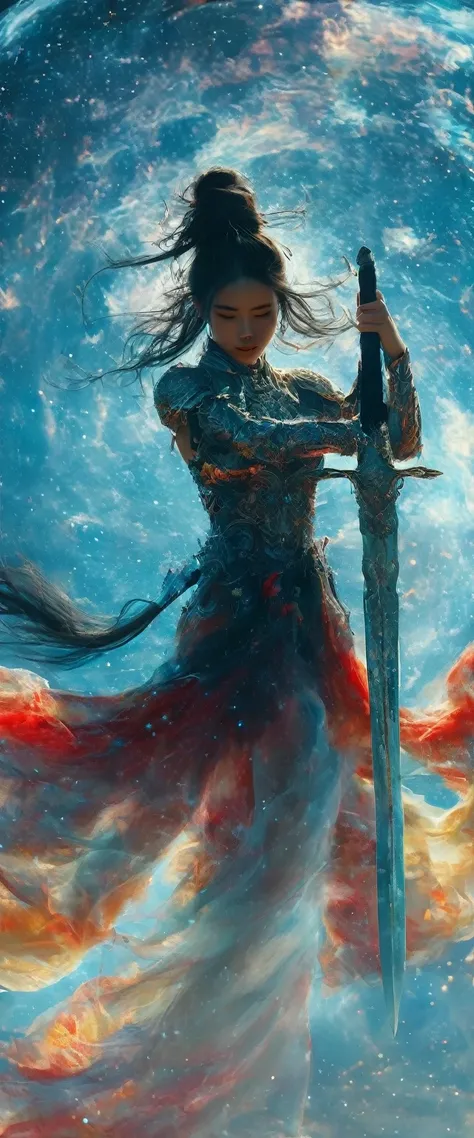 (best quality,4K,8K,high resolution,masterpiece:1.2),floating ，floating ，floating ，whole body，Anatomically correct,Female Warrior,1 sword,Grip,Galaxy Glass Armor,Flowing black hair,Confident expression,brave posture,Strong physique,Elegant silhouette,Impre...