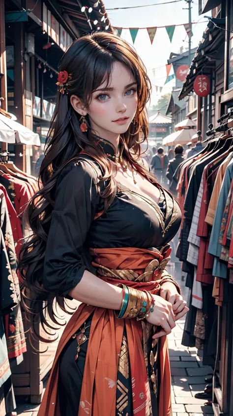 Models dressed in exotic fashion。Brightly colored traditional ethnic dresses、Decorative jewelry on hands、The market scene in the background