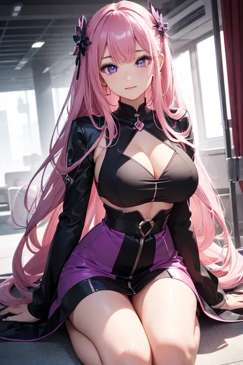 1 girl (work of art, round-cropped_Iris, extremely crisp crystalline shiny purple eyeballs, perfect_Anatomi, extremely_captivating_hypnotic_mystic_eyeballs,) perfect face, pastel pink long hair, sorrindo malvado, breasts big, black and pink jumpsuit, pink ...