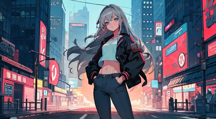 Better Quality, 4K Wallpaper, first work, Highly detailed CG uniform wallpaper 8k, Highly detailed eyes, Ultra-detailed, Intricate details, One girl, Retro art style, Neon Art Style_pop, public, Outdoor, road signs, city,Long Hair, Gray Hair, blue eyes, Cr...