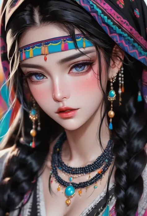 1 girl，flowing long black hair，Colorful braids，Hair shine，Wearing a headscarf，minority，Skin details，Beautiful facial features，Exquisite makeup，Exquisite eyes，Eye details，Dark eyeshadow，small freckles，Pearl Necklace，Shoulder，arm，minority服饰，