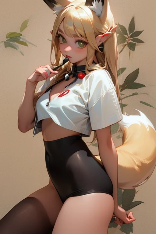 (masterpiece, best quality) detailed, Wearing black tights, Silver Jewelry , The zipper is not closed , Blonde ,elegant, (Fox ears)，Red Eyeshadow, ，Chinese element pattern，thigh，漏出thigh，White shirt