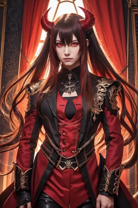 (Demon Lord style), (Tall and strong body), (frontal, solo:2, 656 yo, cool detailed straight hair long hair demon load Gentleman, best cool detailed red eyes, body with beauty detailed red aura:1.4), in a demon load gentleman suit, break, in the Audience C...