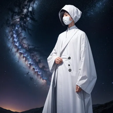 A genderless being with no facial features as if wearing a smooth white mask standing between stars and galaxy 