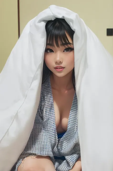 Arabian woman sitting on bed under white blanket, Covered with a blanket, In kimono, Yoshitomo Nara, My motto is Teshirogi, Yasumoto Oka, realistic Young Gravure Idol, chiho ashima, Young Sensual Gravure Idol, shikamimi, Young and cute gravure idol, Young ...