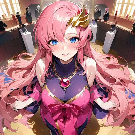 ((Highest quality)), ((masterpiece)), (detailed), （Perfect Face）、The woman is Lacus Clyne, a shrine maiden of an evil god and the wife of the leader of the evil god cult. She has blue eyes, medium-long pink hair, a hair accessory, and is wearing the suspic...