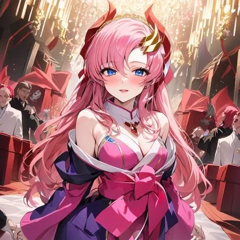 ((Highest quality)), ((masterpiece)), (detailed), （Perfect Face）、The woman is Lacus Clyne, a shrine maiden of an evil god and the wife of the leader of the evil god cult. She has blue eyes, medium-long pink hair, a hair accessory, and is wearing the suspic...