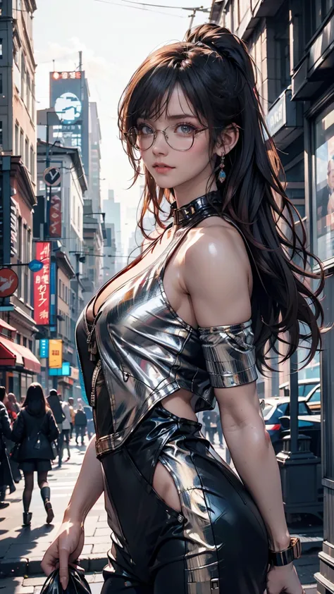 A model set against the backdrop of a futuristic city。Metallic jumpsuit、Glossy sunglasses、Cityscape dotted with digital displays