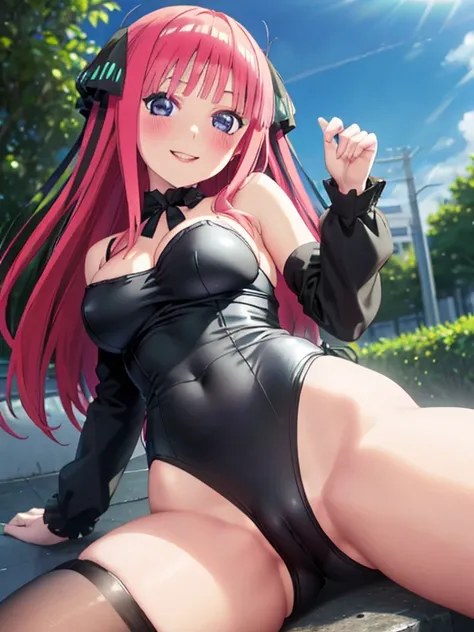 best quality, insanely detailed, nino nakano, breasts, blush, outdoor background, bare-shoulder, looking at viewer, garter strap, a black ribbon, pantyhose, highleg leotard, pussy, smile