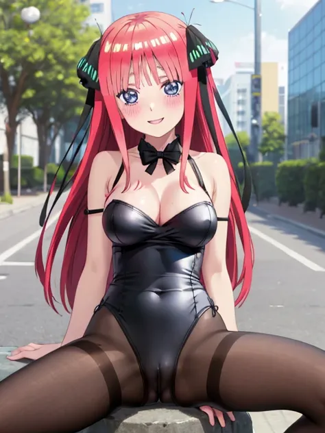 best quality, insanely detailed, nino nakano, breasts, blush, outdoor background, bare-shoulder, looking at viewer, garter strap, a black ribbon, pantyhose, highleg leotard, pussy, smile