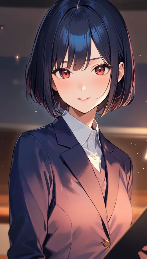 A high school girl with black short bob hair, wearing a navy blazer ,顔を赤らめている