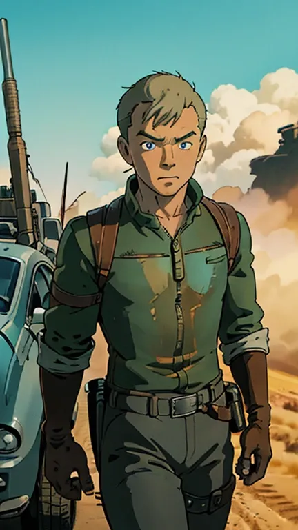 (Teens:1boy: Tintin,madmax), (extremely detailed CG unit 8k wallpaper),(master part), (best quality), (ultra detali), (best illustration),(melhor ombre), cowboy shot, (Sharp eyeliner, ombre, detailed eyes:1), post apocalyptic background, ,break , (ghibli s...