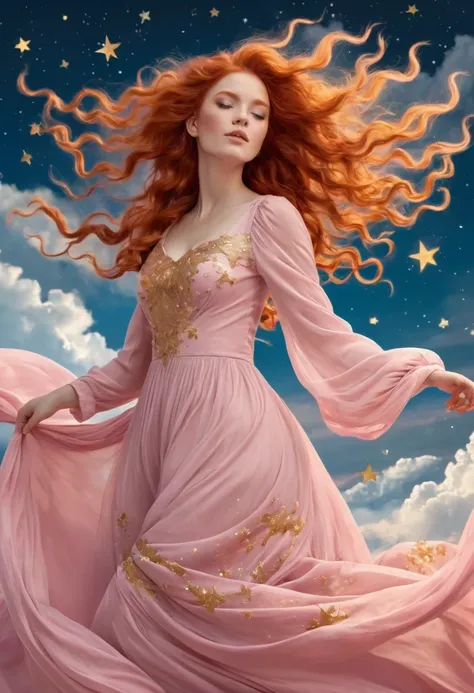 it illustrates a woman with long, curly red hair blowing in the wind, a dress with a baby pink color palette, resembling the cer...