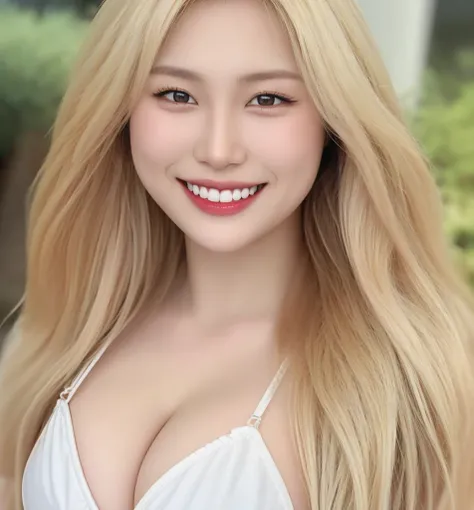 (Best quality, 8k, 32k, Masterpiece, UHD:1.2),Photo of Pretty Japanese woman, 1girl, (long blonde hair), (large breasts), smile, double eyelid, White bikini, upper body, sexy