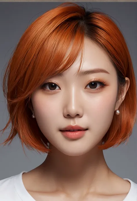 Highest quality、8k、32K、Masseter muscle area、Hmph:1.2)、Cute Japanese Girl、1 girl、short hair、profile、(Get six-pack、Slim figure:1.2)、(Lips) 、（Orange Hair）、double eyelid、Glowing Skin、Realistic Layer、Beautiful Face、(Laughter:1.3)、squat、(From above:1.2)、(Close-u...