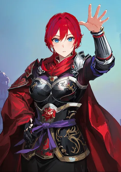 Anime style image，A man in armor、Red hair、Woman in cloak, Lady in red armor, Actress 👀 :8, Red-haired female Templar, Portrait of anime heroine, Actress, portrait of a Female Mage, Red-haired queen in heavy red armor, Things, Female Mage!, Inspired by Lee ...