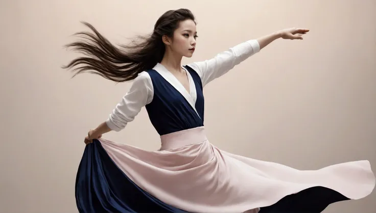 Exquisite dance photography；A little girl，Solitary；A dancing little girl，whole body像；[Black Eyeball，confidence，High and cold，happy]；[Long skirt elegant style，Long sleeve；Set，Light pink and white gradient，Traditional style，The skirt has no pattern，The hem o...