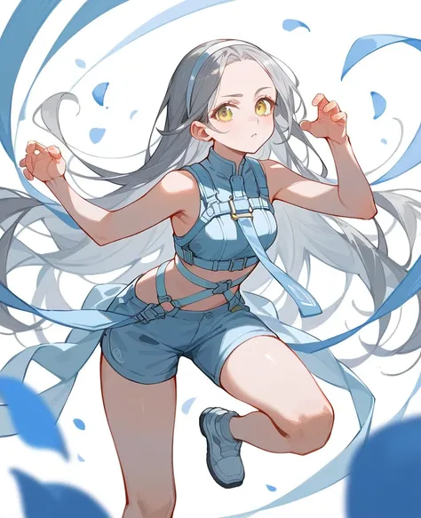 dynamic pose, neat black sleeveless, yellow eyes, gray hair카락, light blue petals, shorts, ((high quality)), light blue band on knees, white wing band, ((forehead)), 1 woman, long hair, Osage Twindale, gray hair,  light blue harness