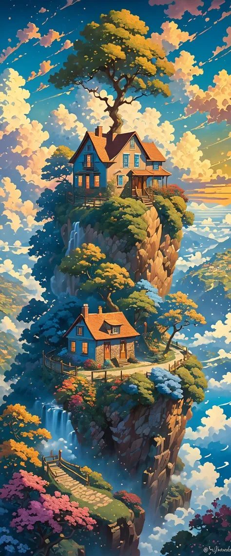 painting of a house with a tree on a cliff above the clouds, Kilian Eng y Thomas Kinkade, Rob Gonsalves y Tim White., silvain sarriel, Rhads y Thomas Kinkade, inspired by RHADS, cyril rolando and m.w kalut, cyril rolando and m. w kalut, rhads!!!