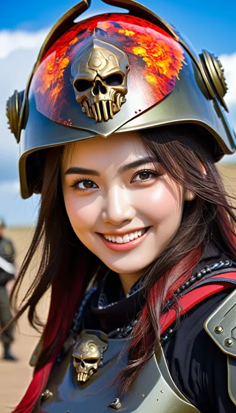 Close-up of a ((extremely beautiful girl warior)) , half human, half beast, their faces a bit partially obscured by military helmets. Their eyes are filled with hapiness and longing. The background is a trail of blood and violence. SHe wears a mechanized r...