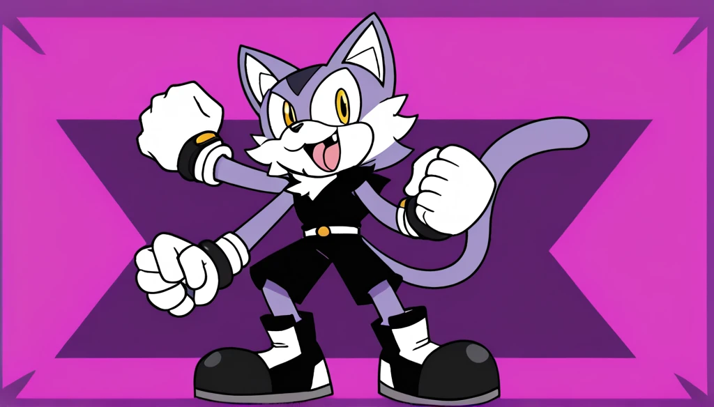 Custom avatar, cat character, wearing black shorts, in the cyberspace￼, cgi backround, doing a dyamic pose,