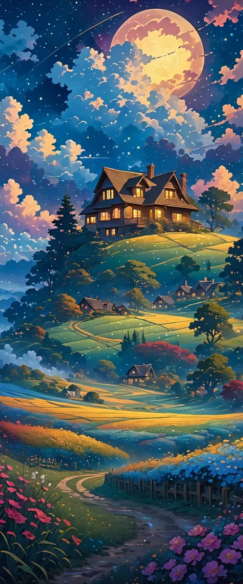 a house in the middle of a field under a night sky, animated background, animated background art, beautiful anime scene, Over the clouds, Kilian Eng y Thomas Kinkade, Rob Gonsalves y Tim White., silvain sarriel, Rhads y Thomas Kinkade, inspired by RHADS, c...