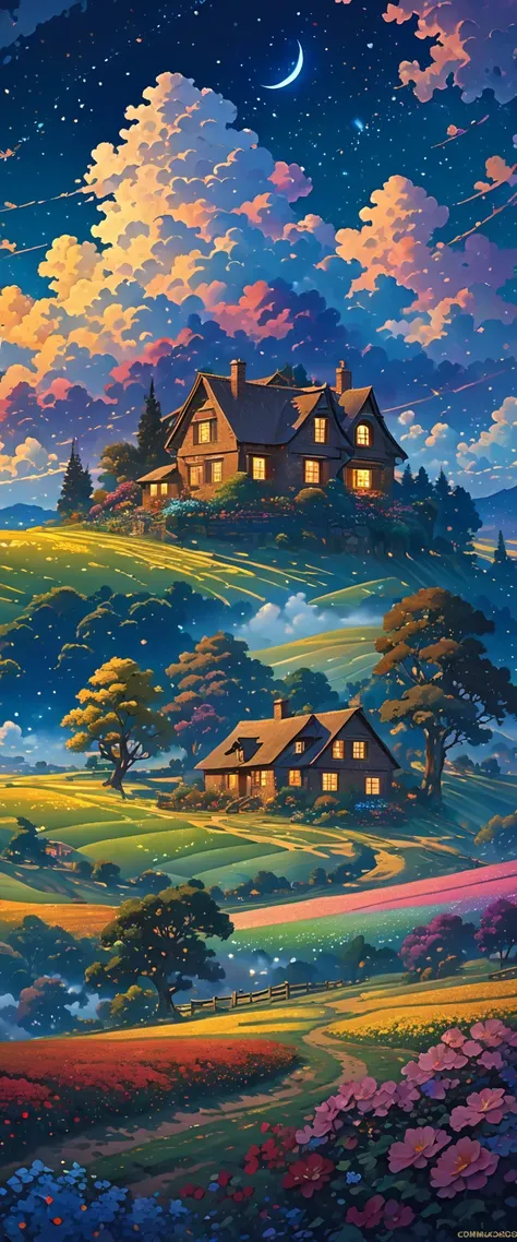 a house in the middle of a field under a night sky, animated background, animated background art, beautiful anime scene, Over the clouds, Kilian Eng y Thomas Kinkade, Rob Gonsalves y Tim White., silvain sarriel, Rhads y Thomas Kinkade, inspired by RHADS, c...